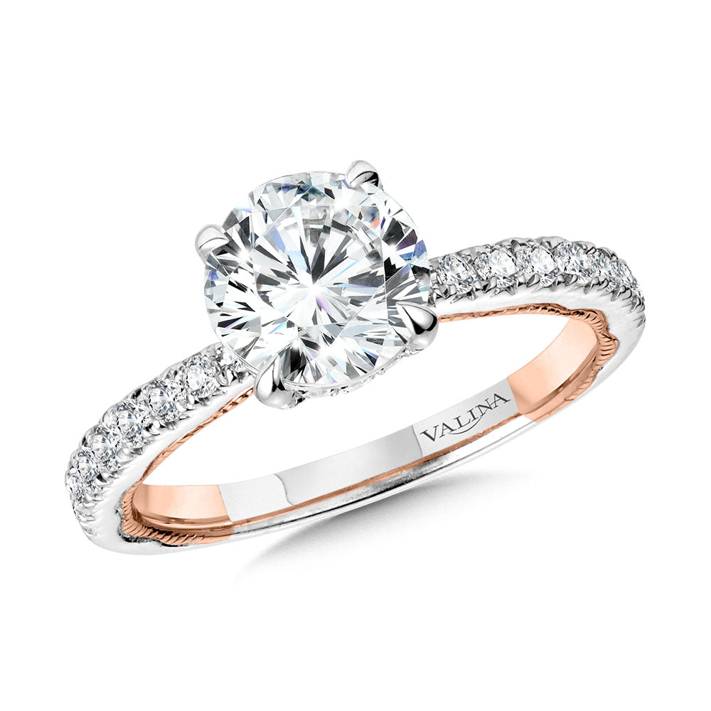 Tapered Two-Tone & Milgrain-Beaded Hidden Halo Diamond Engagement Ring — R2268WP-SR