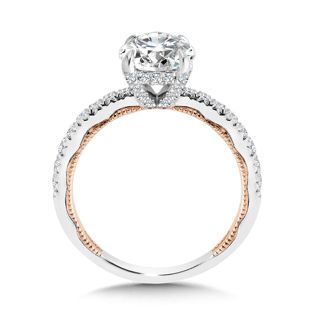 Tapered Two-Tone & Milgrain-Beaded Hidden Halo Diamond Engagement Ring — R2268WP-SR