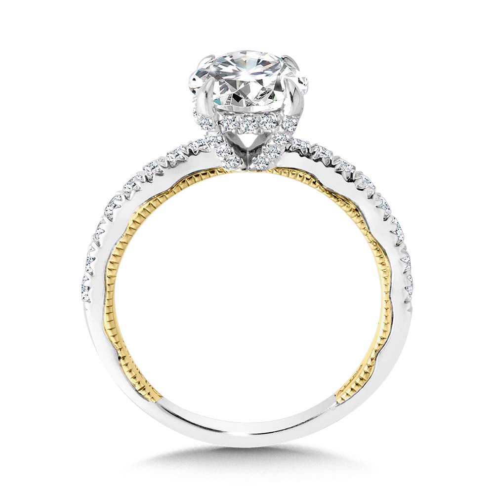 Two-Tone & Milgrain-Beaded Hidden Halo Diamond Engagement Ring — R2268WY-SR
