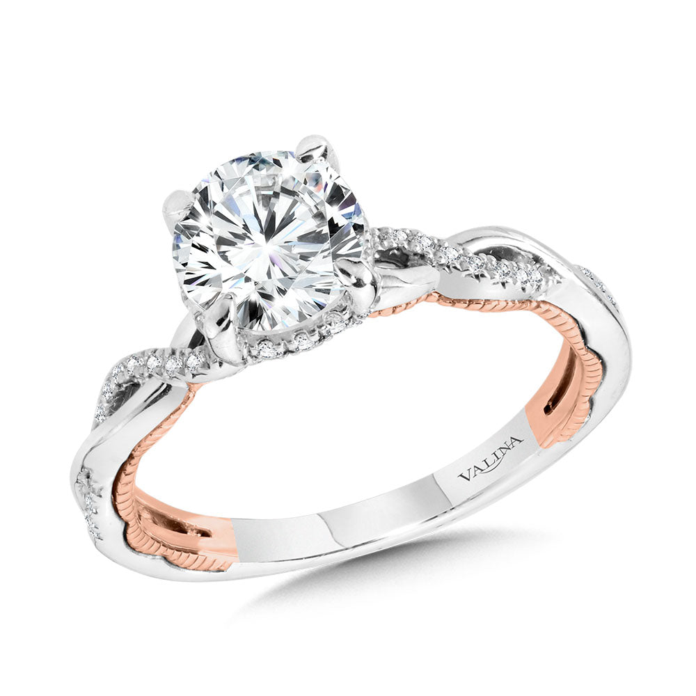 Crisscross Two-Tone & Milgrain-Beaded Hidden Halo Diamond Engagement Ring — R2272WP-SR