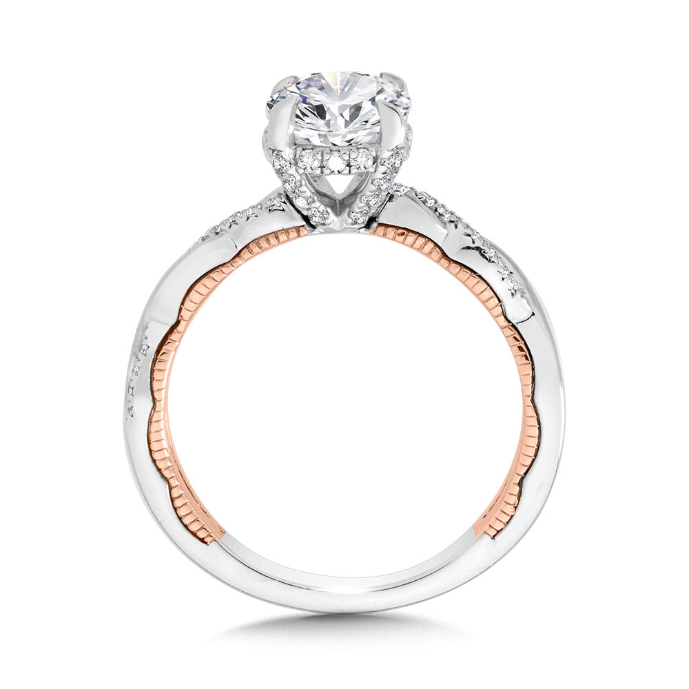 Crisscross Two-Tone & Milgrain-Beaded Hidden Halo Diamond Engagement Ring — R2272WP-SR