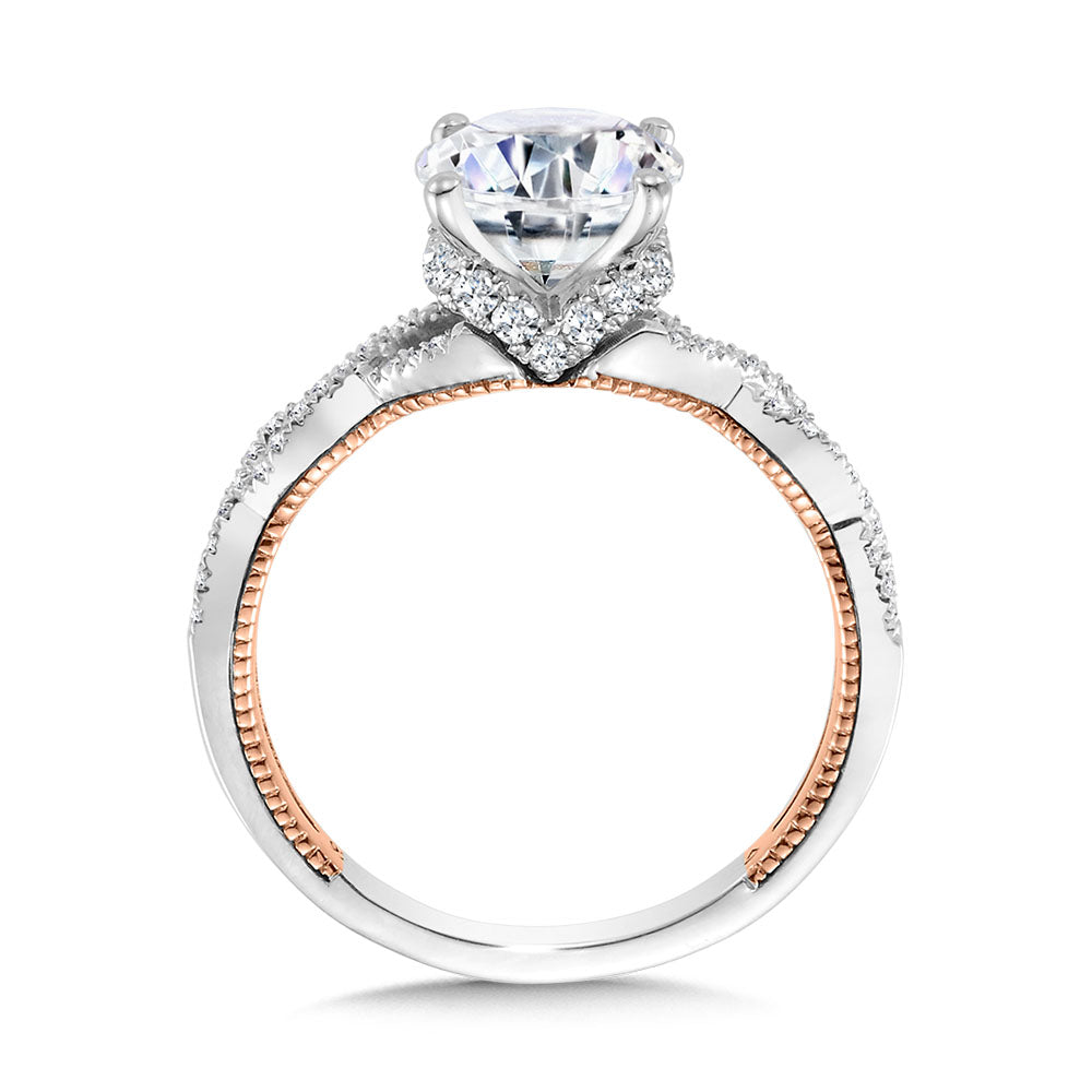 Two-Tone & Milgrain-Beaded, Crisscross Hidden Diamond Engagement Ring — R2285WP-SR