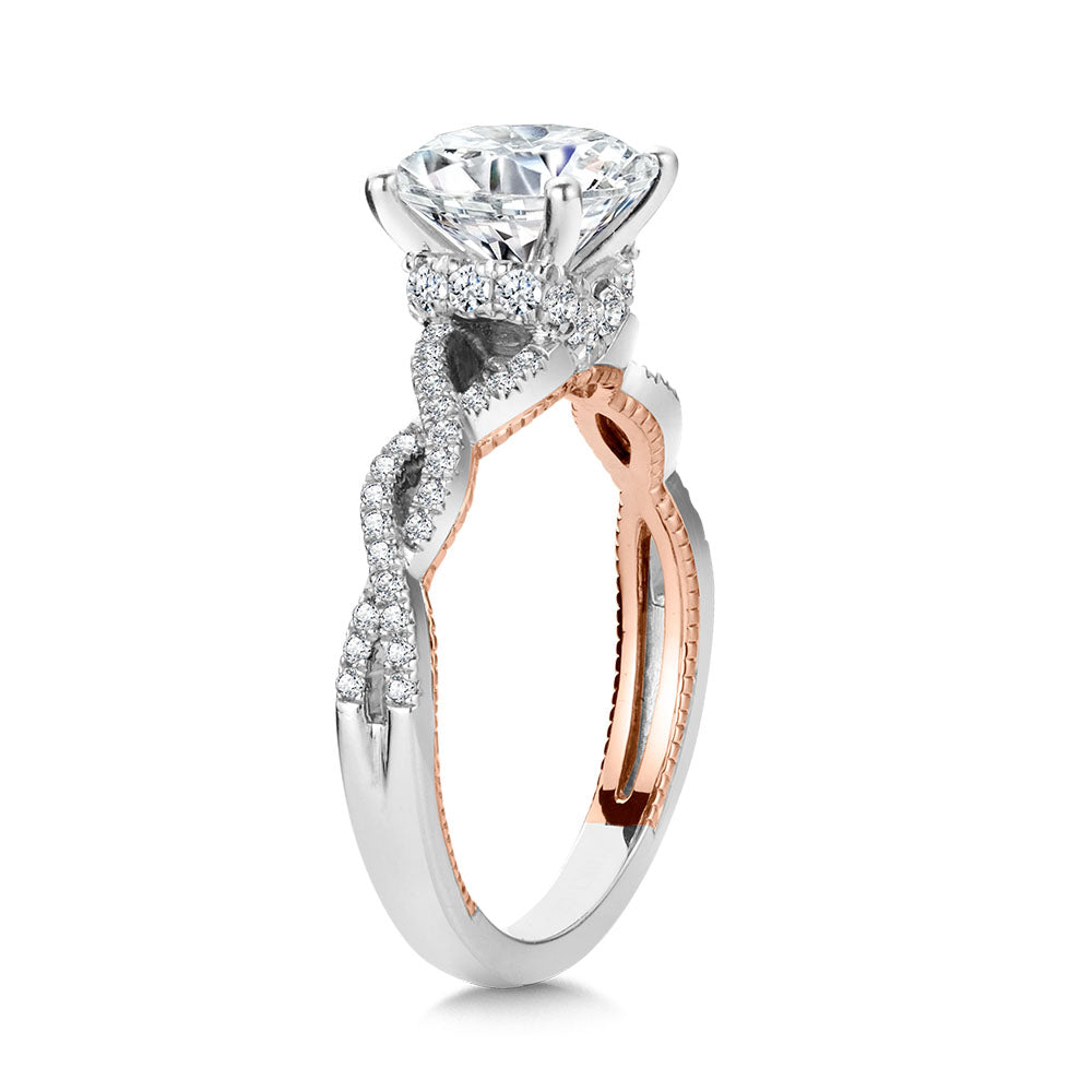 Two-Tone & Milgrain-Beaded, Crisscross Hidden Diamond Engagement Ring — R2285WP-SR