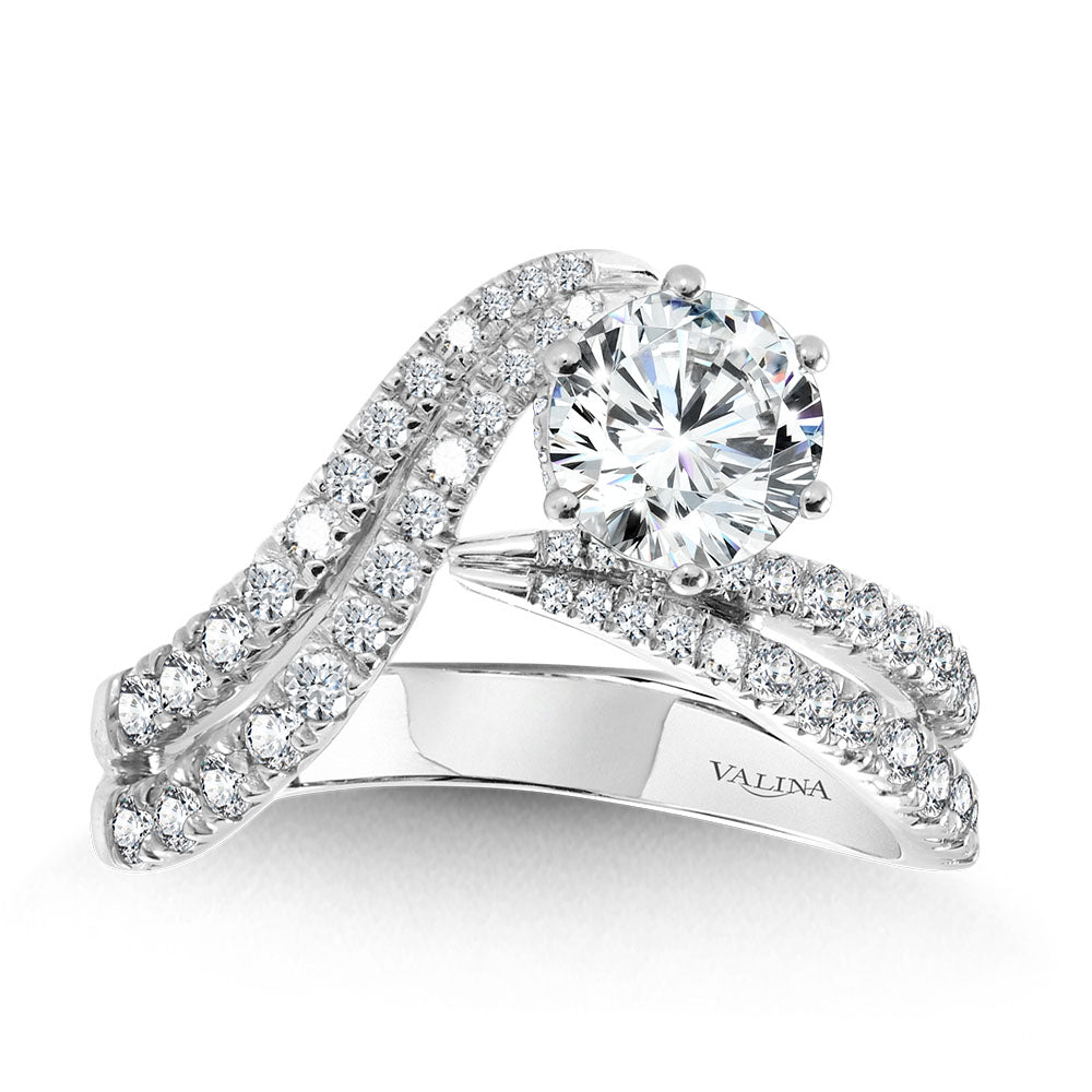 Asymmetrical Six-Prong Bypass & Split Shank Hidden Halo Diamond Engagement Ring — R2291W-SR