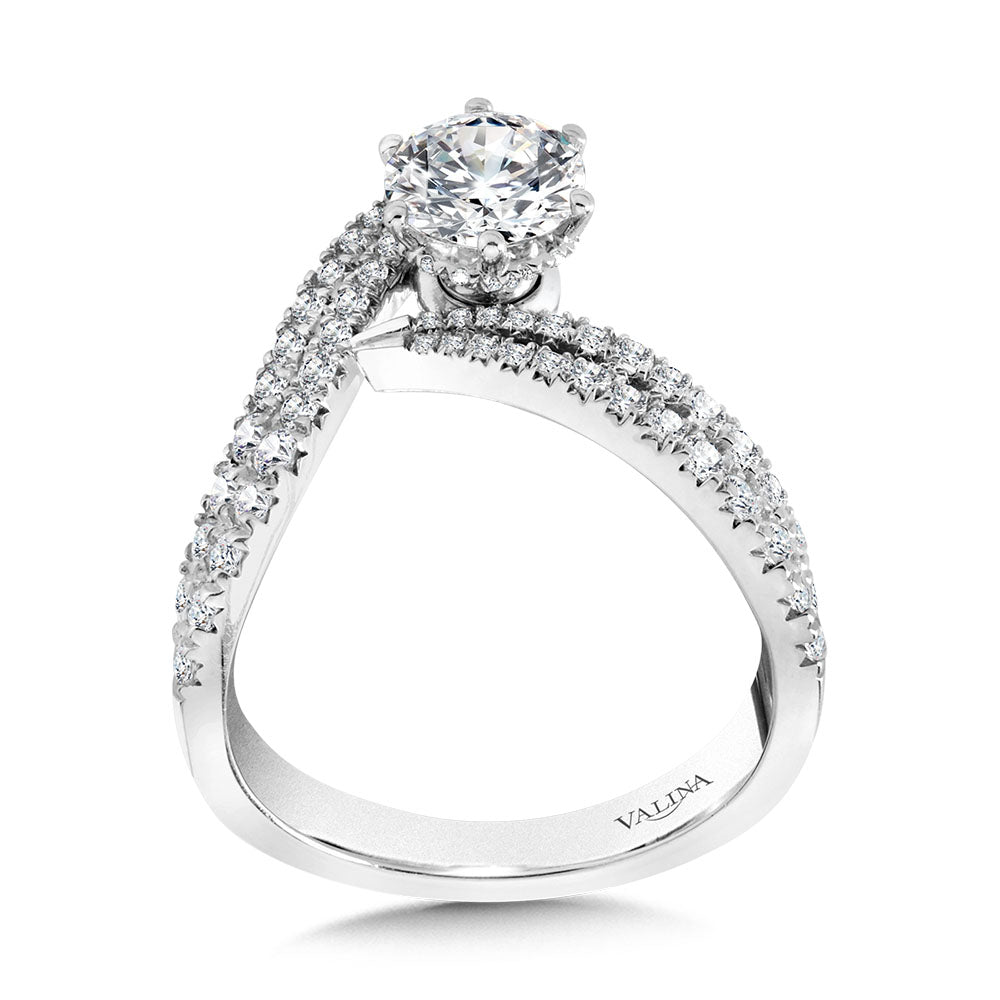 Asymmetrical Six-Prong Bypass & Split Shank Hidden Halo Diamond Engagement Ring — R2291W-SR