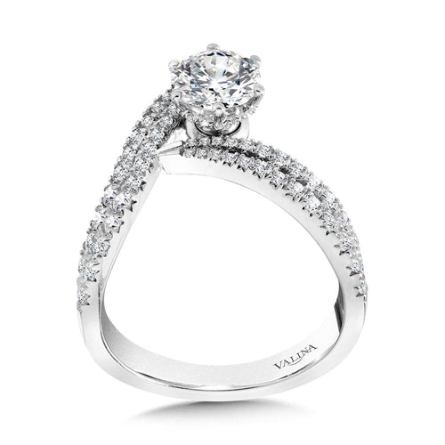 Asymmetrical Six-Prong Bypass & Split Shank Hidden Halo Diamond Engagement Ring — R2291W-SR