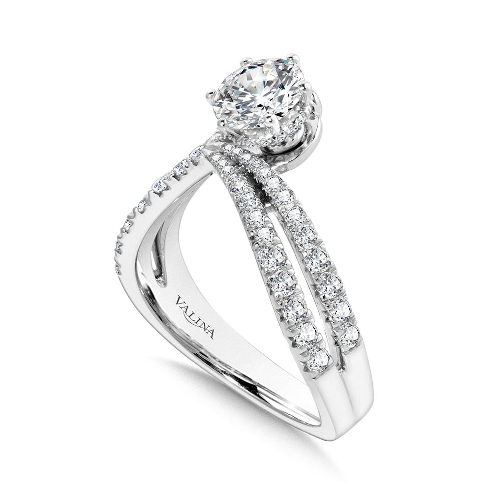 Asymmetrical Six-Prong Bypass & Split Shank Hidden Halo Diamond Engagement Ring — R2291W-SR