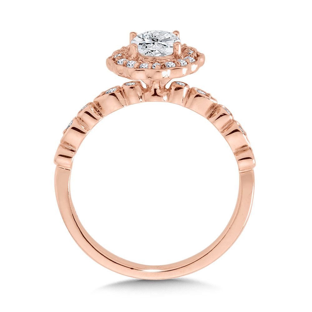 Oval-Cut Bezel-Set Stackable Shank & Fancy Diamond Halo Engagement Ring — R2293P-SR