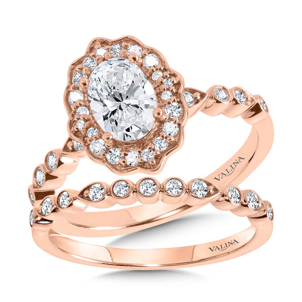 Oval-Cut Bezel-Set Stackable Shank & Fancy Diamond Halo Engagement Ring — R2293P-SR