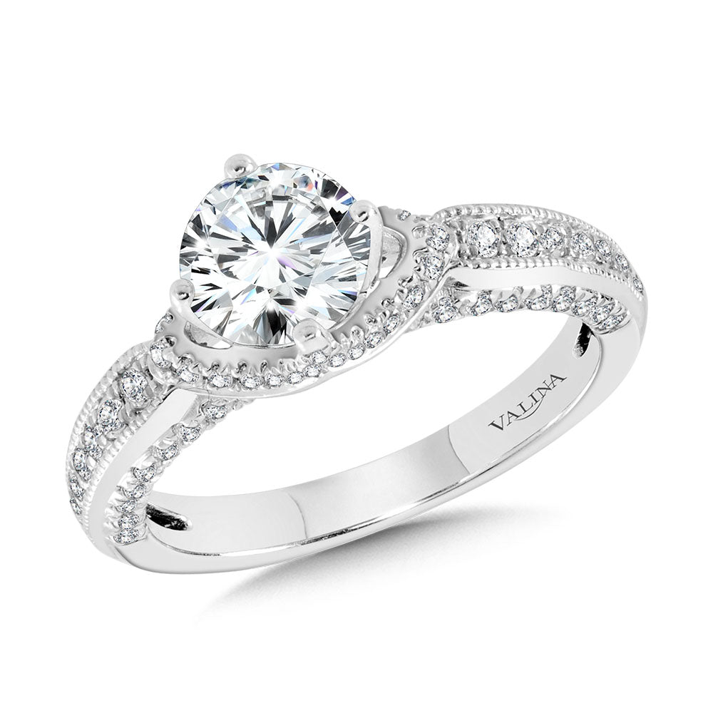 Milgrain-Beaded & Chevron-Shaped Cape Engagement Ring w/ Diamond Arch Undergallery — R2296W-SR