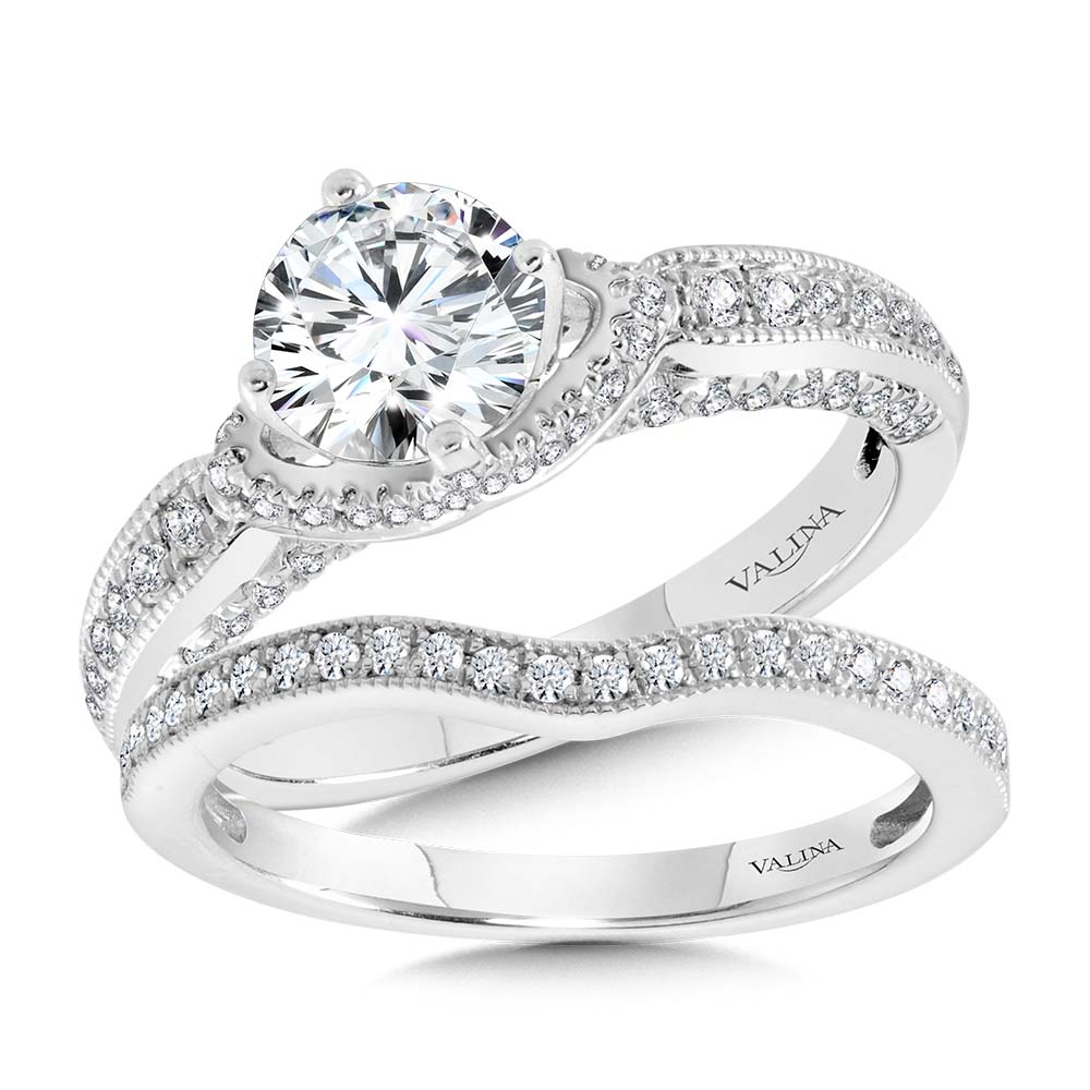 Milgrain-Beaded & Chevron-Shaped Cape Engagement Ring w/ Diamond Arch Undergallery — R2296W-SR