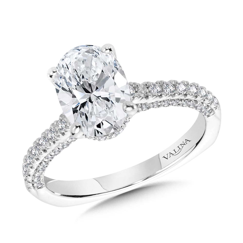 Straight Oval-Cut Hidden Halo Engagement Ring w/ Diamond Arch Undergallery — R2302W