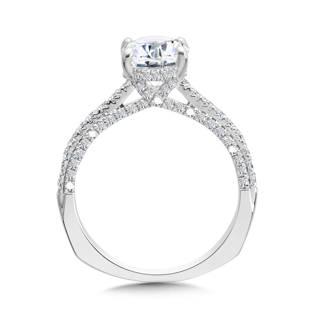 Straight Oval-Cut Hidden Halo Engagement Ring w/ Diamond Arch Undergallery — R2302W