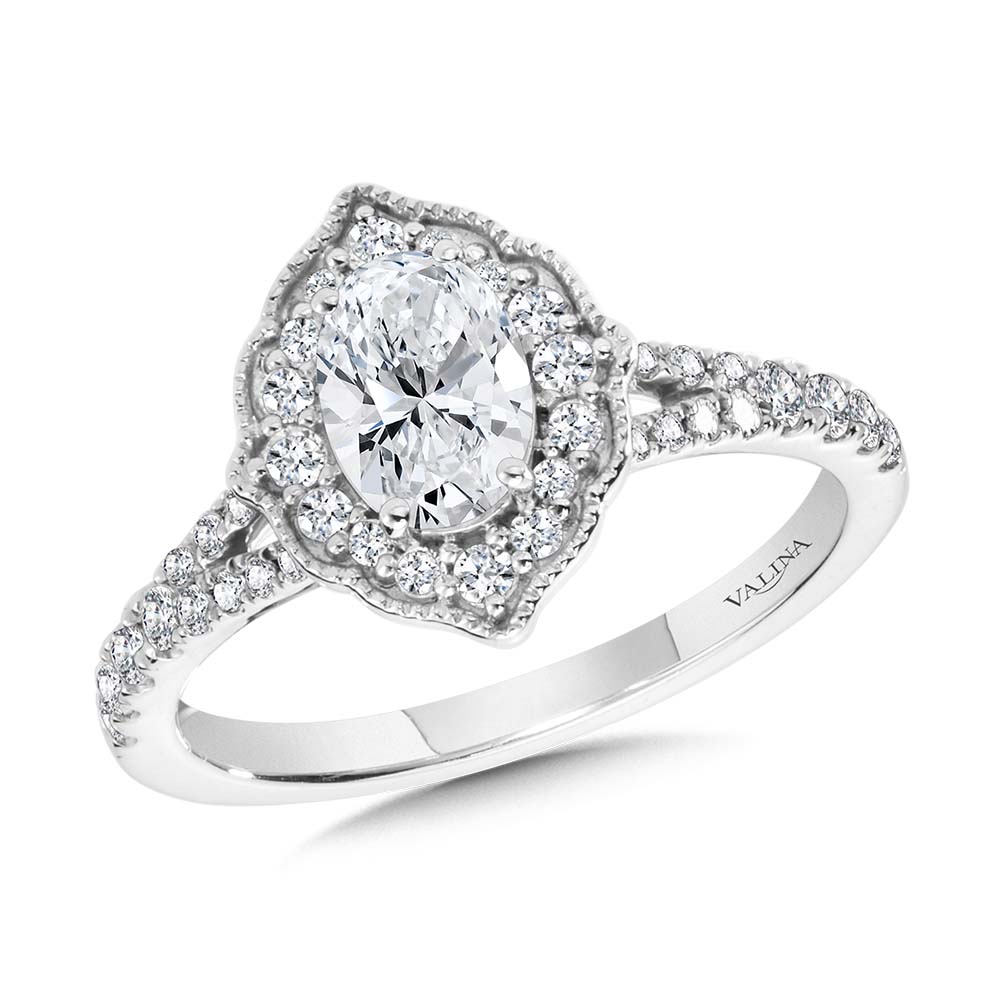 Oval-Cut Diamond & Vintage Milgrain-Beaded Halo, Split Shank Engagement Ring — R2315W-SR