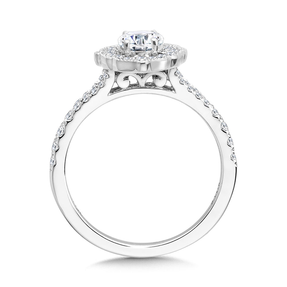 Oval-Cut Diamond & Vintage Milgrain-Beaded Halo, Split Shank Engagement Ring — R2315W-SR