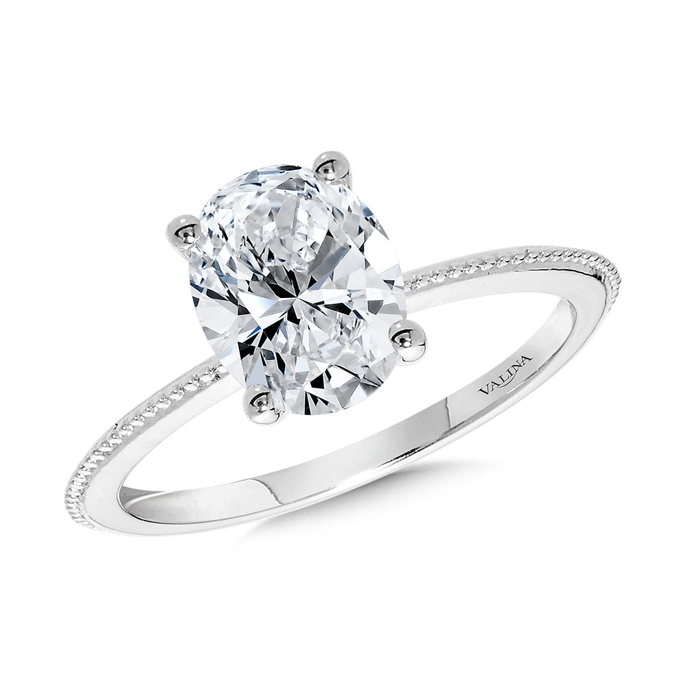 Thin Milgrain-Beaded Solitaire Oval-Cut Diamond Engagement Ring — R2341W-SR