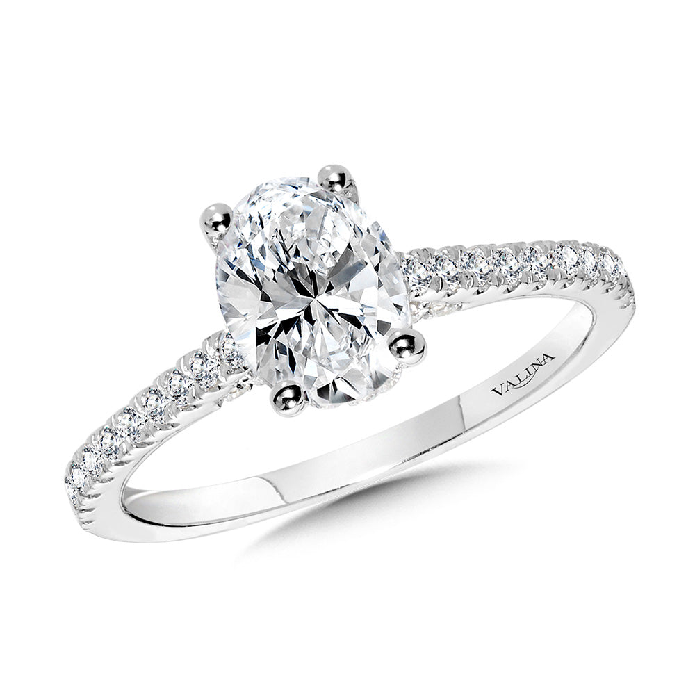 Straight Oval-Cut Diamond Engagement Ring w/ Hidden Halo — R2342W-SR