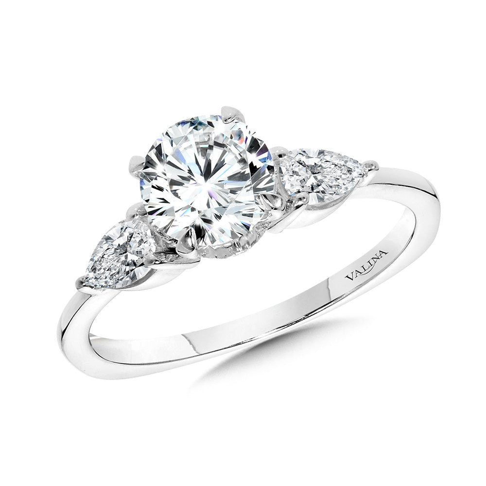Three-Stone Pear-Accented Diamond Solitaire Engagement Ring w/ Chevron Collar — R2346W