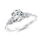 Three-Stone Pear-Accented Diamond Solitaire Engagement Ring w/ Chevron Collar — R2346W