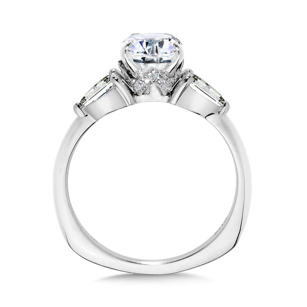 Three-Stone Pear-Accented Diamond Solitaire Engagement Ring w/ Chevron Collar — R2346W