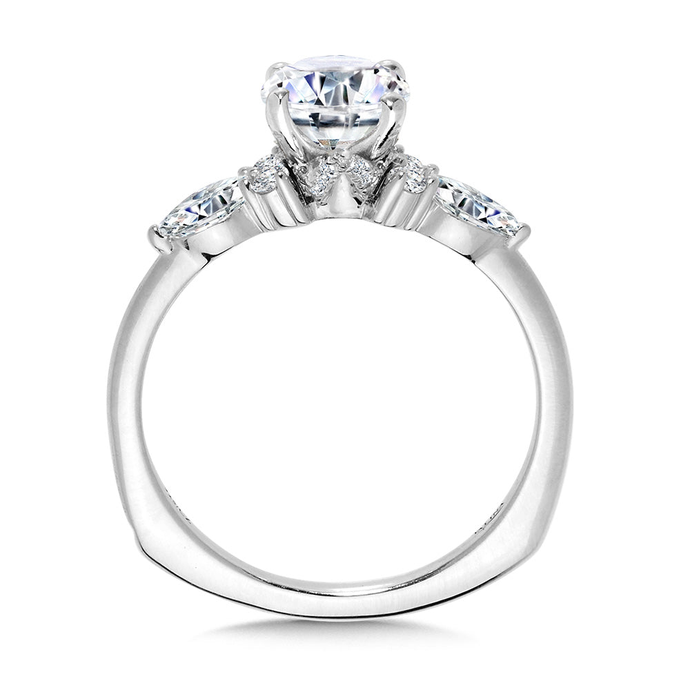Oval-Cut Diamond & Marquise-Accented Three-Stone Illusion Engagement Ring w/ Chevron Collar — R2348W