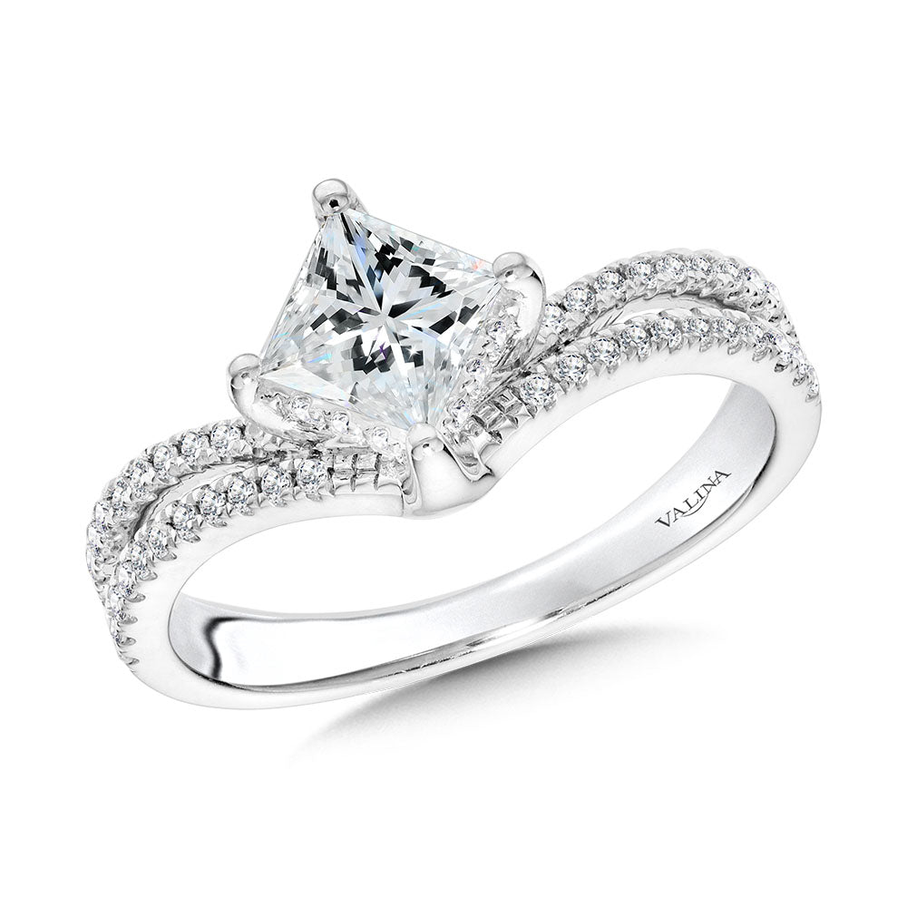 Princess-Cut Hidden Halo, Split Shank, & Chevron-Shaped Diamond Engagement Ring w/ Compass Prongs — R2378W-SR