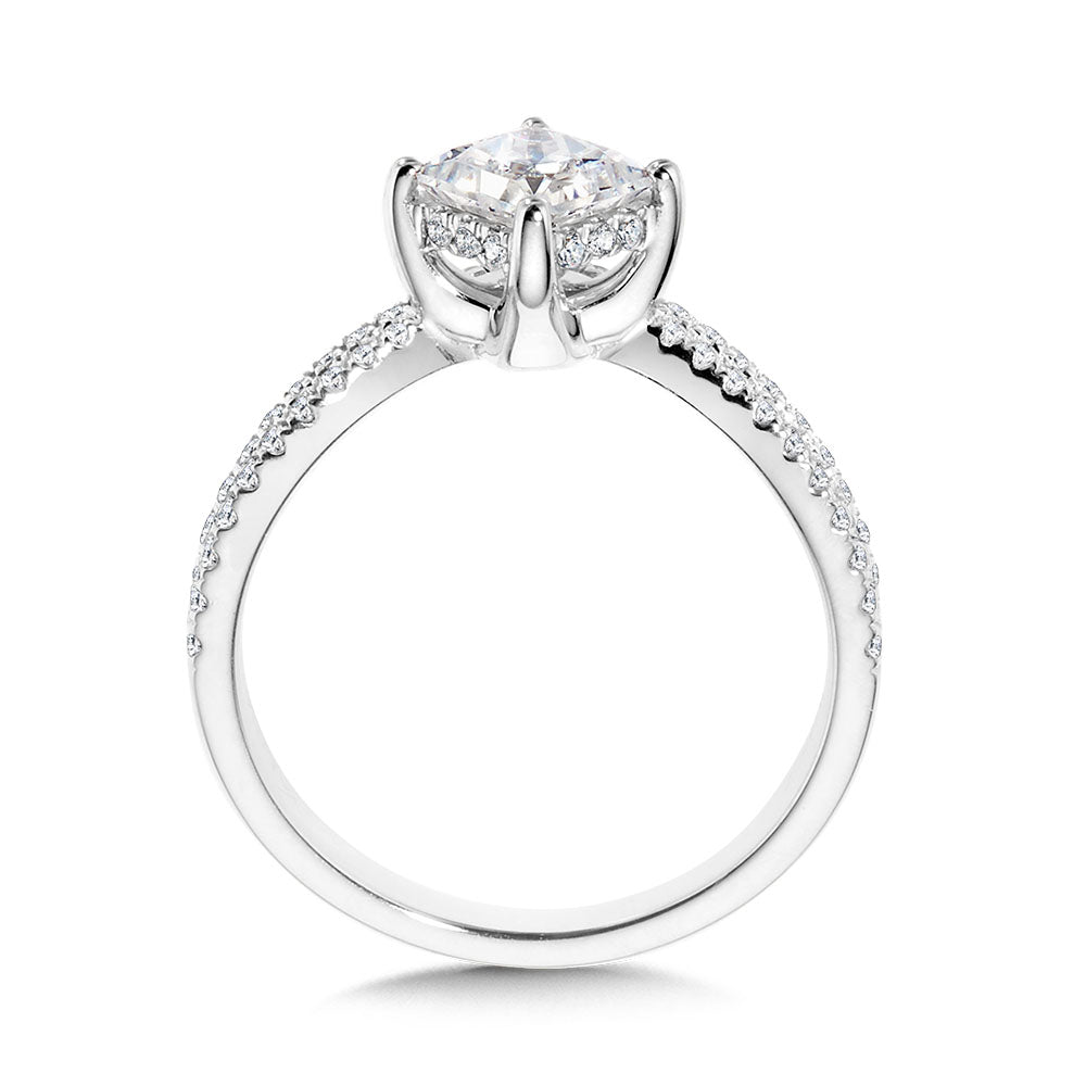 Princess-Cut Hidden Halo, Split Shank, & Chevron-Shaped Diamond Engagement Ring w/ Compass Prongs — R2378W-SR