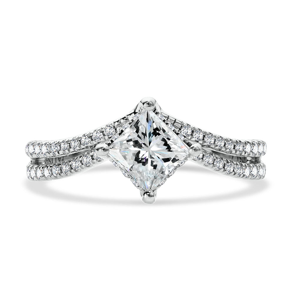 Princess-Cut Hidden Halo, Split Shank, & Chevron-Shaped Diamond Engagement Ring w/ Compass Prongs — R2378W-SR
