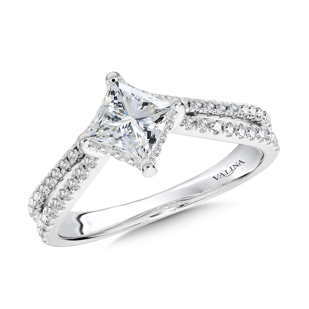 Princess-Cut Hidden Halo, Split Shank, & Chevron-Shaped Diamond Engagement Ring w/ Compass Prongs — R2378W-SR
