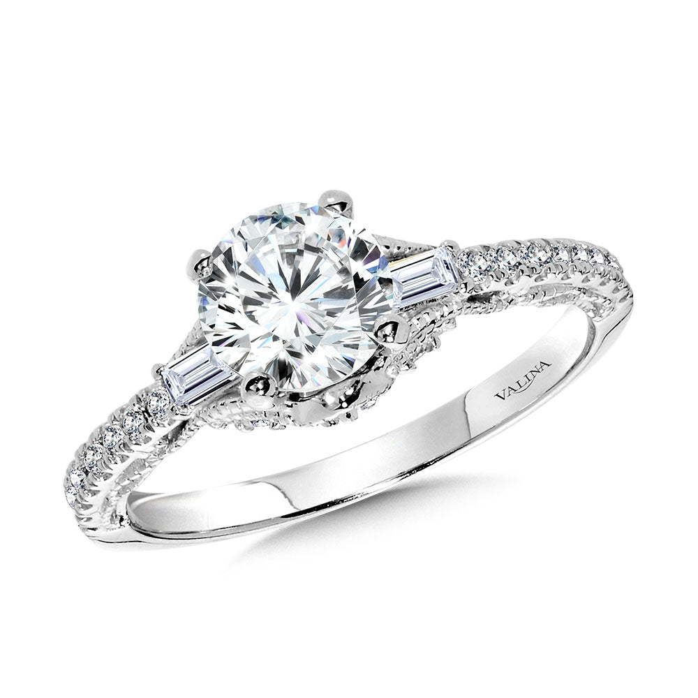 Baguette-Accented & Milgrain-Beaded Vintage Diamond Engagement Ring — R2379W-SR