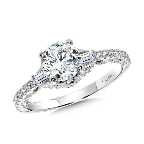 Baguette-Accented & Milgrain-Beaded Vintage Diamond Engagement Ring — R2379W-SR