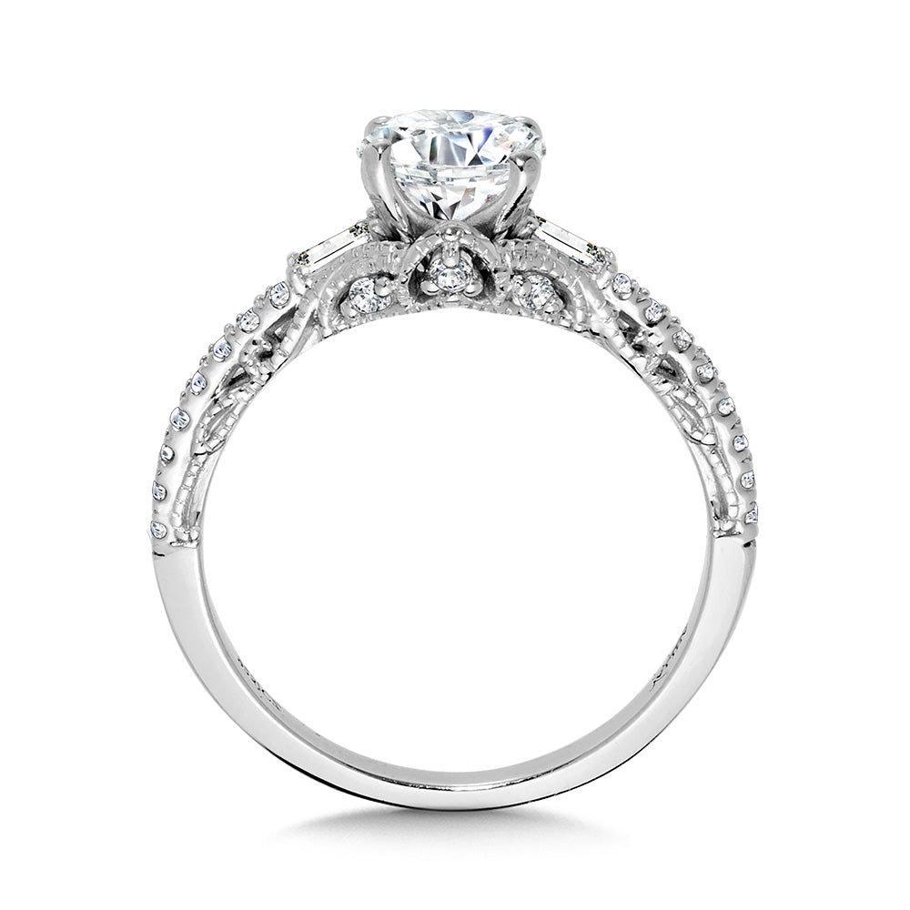 Baguette-Accented & Milgrain-Beaded Vintage Diamond Engagement Ring — R2379W-SR