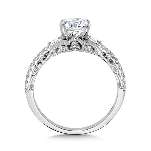 Baguette-Accented & Milgrain-Beaded Vintage Diamond Engagement Ring — R2379W-SR