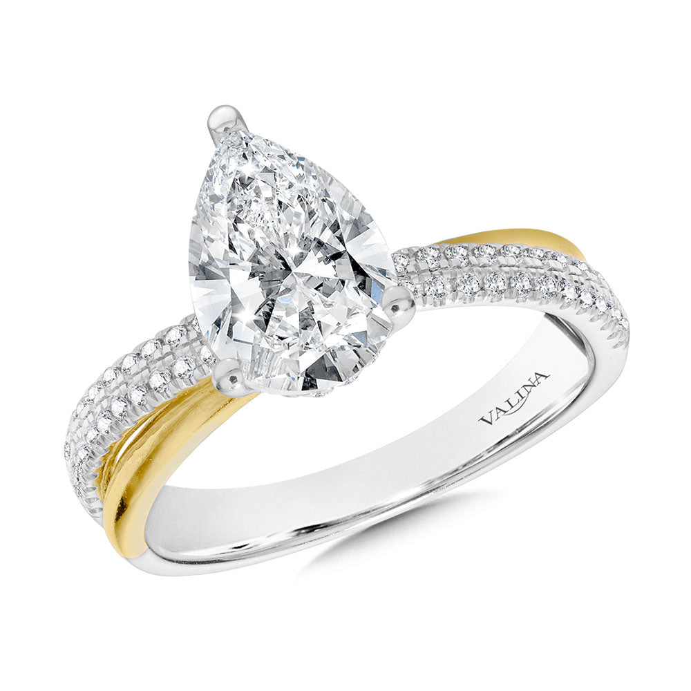 Pear-Cut, Hidden Halo, Two-Tone, Crisscross, Split Shank Diamond Engagement Ring — R2385WY-SR