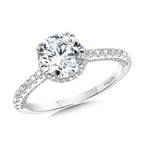 Straight Drop Halo Diamond Engagement Ring w/ Undergallery Arch & Double Prongs — R2397W-SR