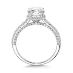 Straight Drop Halo Diamond Engagement Ring w/ Undergallery Arch & Double Prongs — R2397W-SR