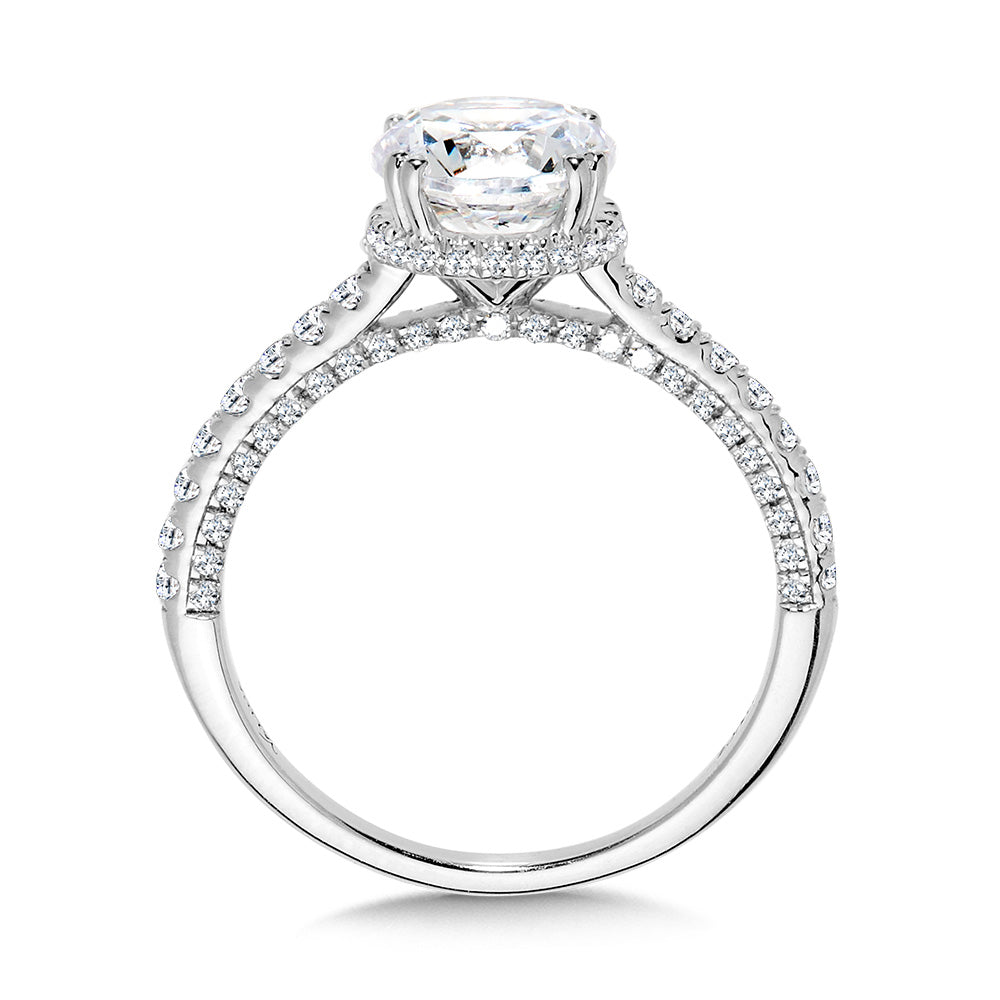 Straight Drop Halo Diamond Engagement Ring w/ Undergallery Arch & Double Prongs — R2397W-SR