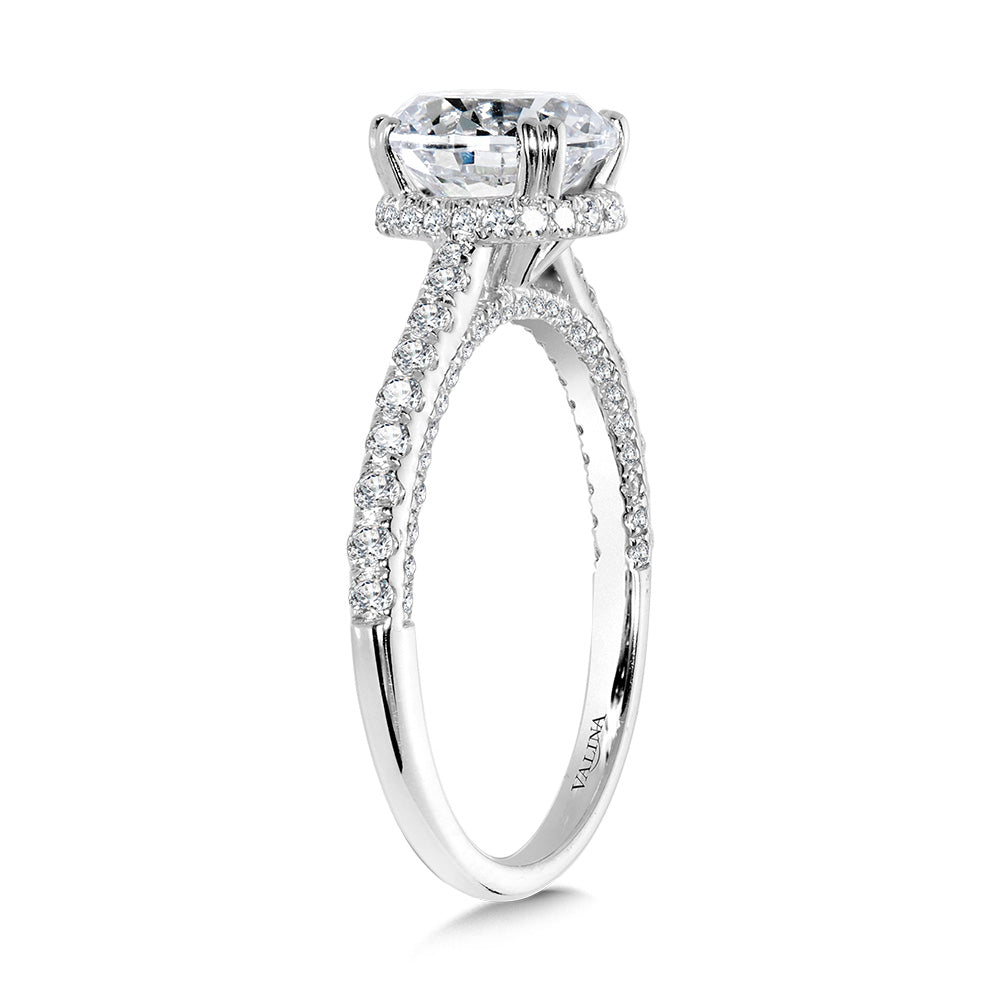 Straight Drop Halo Diamond Engagement Ring w/ Undergallery Arch & Double Prongs — R2397W-SR