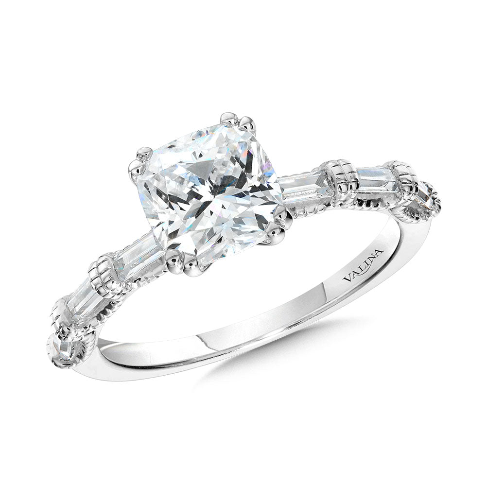 Cushion-Cut, Double Prong, Milgrain-Beaded, Straight Baguette Diamond Engagement Ring — R2401W-SR