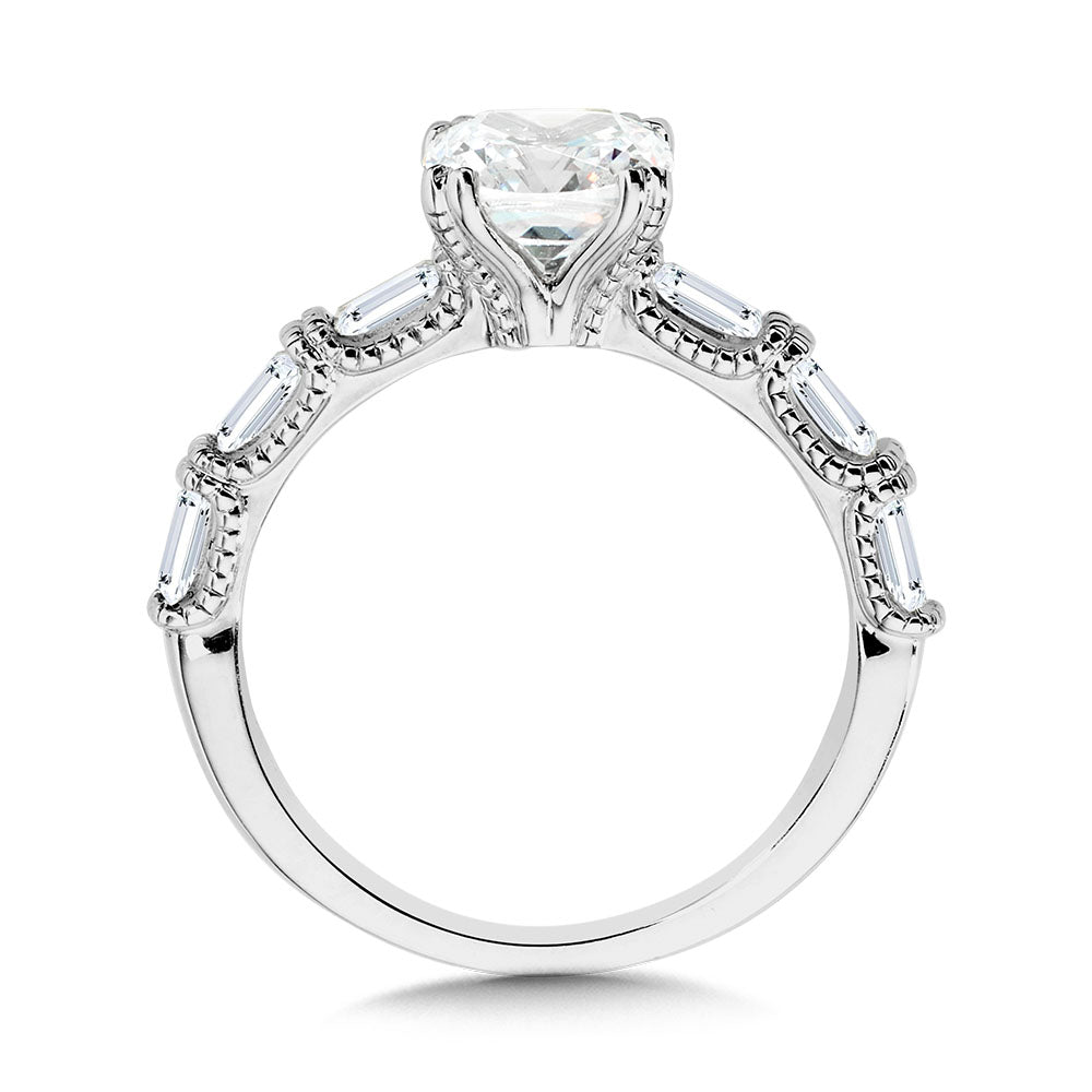 Cushion-Cut, Double Prong, Milgrain-Beaded, Straight Baguette Diamond Engagement Ring — R2401W-SR