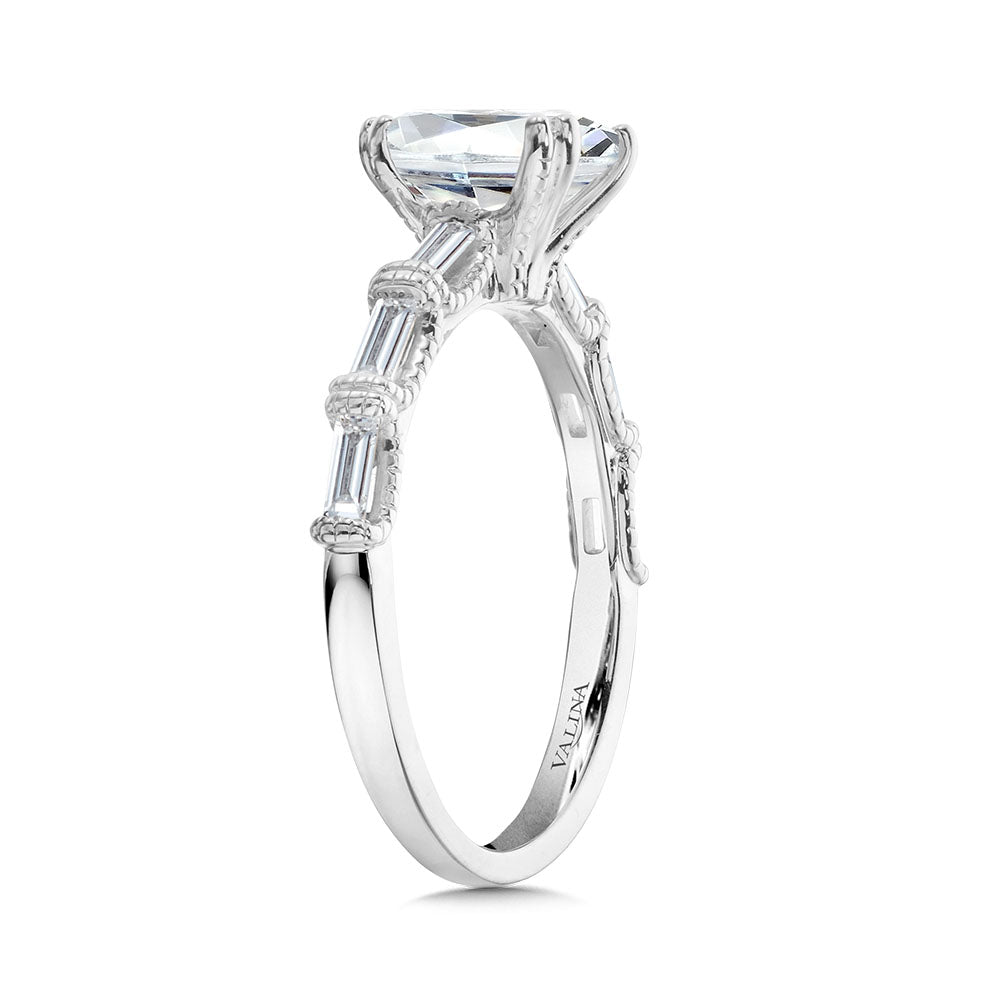 Cushion-Cut, Double Prong, Milgrain-Beaded, Straight Baguette Diamond Engagement Ring — R2401W-SR
