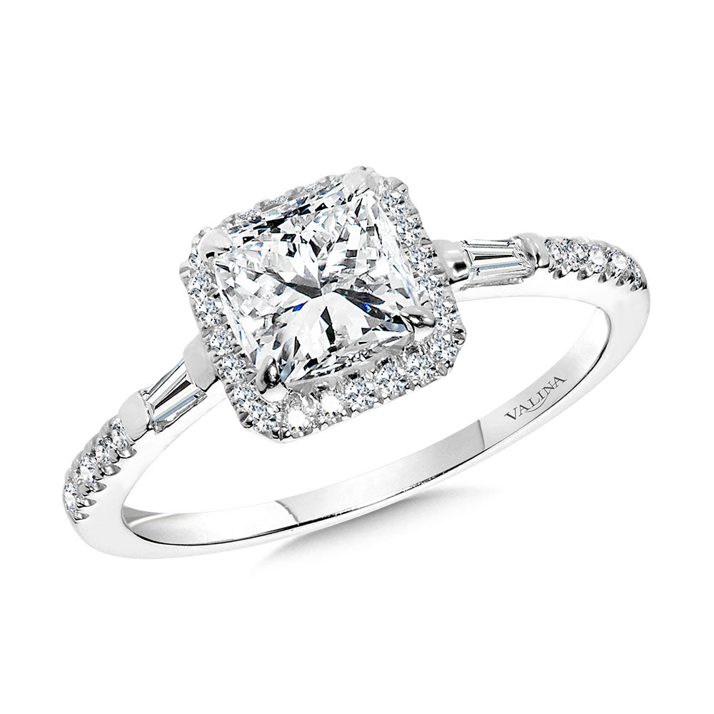 Cushion-Cut & Baguette-Accented Diamond Halo Engagement Ring — R2403W-SR