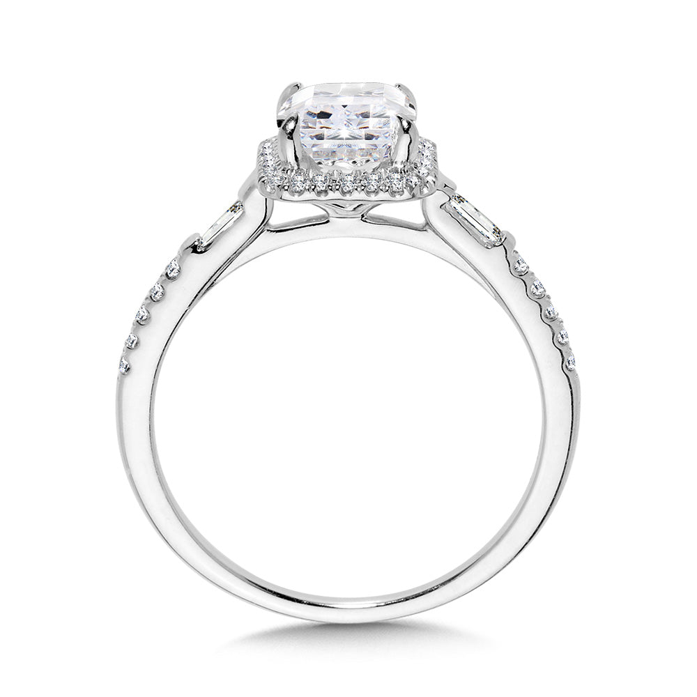 Cushion-Cut & Baguette-Accented Diamond Halo Engagement Ring — R2403W-SR