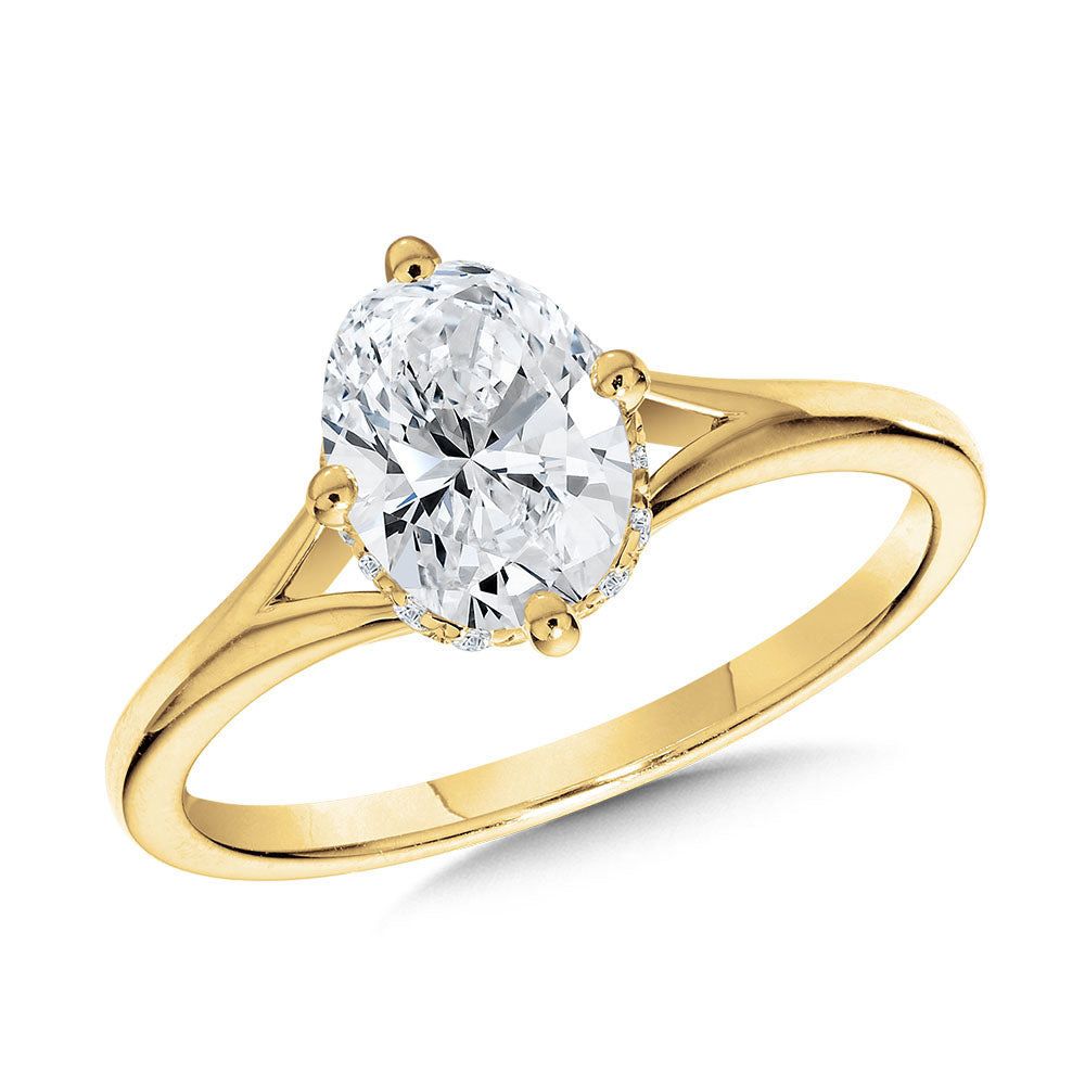 Oval-Cut Hidden Halo & Split Shank Diamond Engagement Ring w/ Compass Prongs — R2407Y-SR