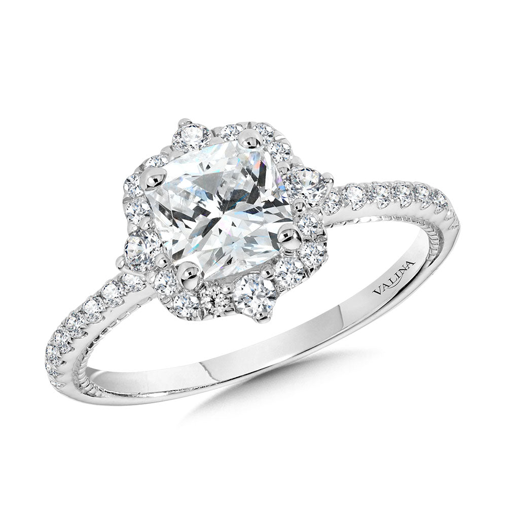 Cushion-Cut Compass-Inspired Halo & Milgrain-Beaded Diamond Engagement Ring — R2414W-SR