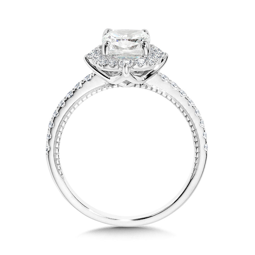 Cushion-Cut Compass-Inspired Halo & Milgrain-Beaded Diamond Engagement Ring — R2414W-SR