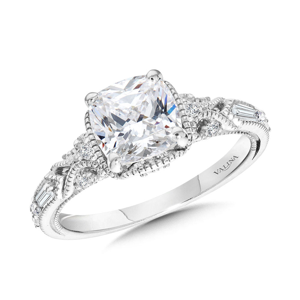 Cushion-Cut, Tapered & Intricately Milgrain-Beaded Diamond Engagement Ring — R2418W-SR