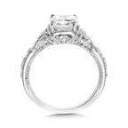 Cushion-Cut, Tapered & Intricately Milgrain-Beaded Diamond Engagement Ring — R2418W-SR