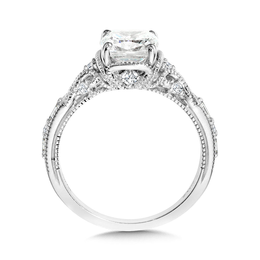 Cushion-Cut, Tapered & Intricately Milgrain-Beaded Diamond Engagement Ring — R2418W-SR
