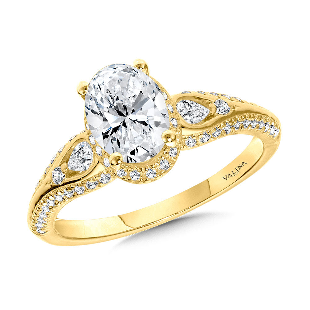 Oval-Cut & Pear-Cut Accented Tapered Engagement Ring w/ Drop Halo — R2420Y-SR